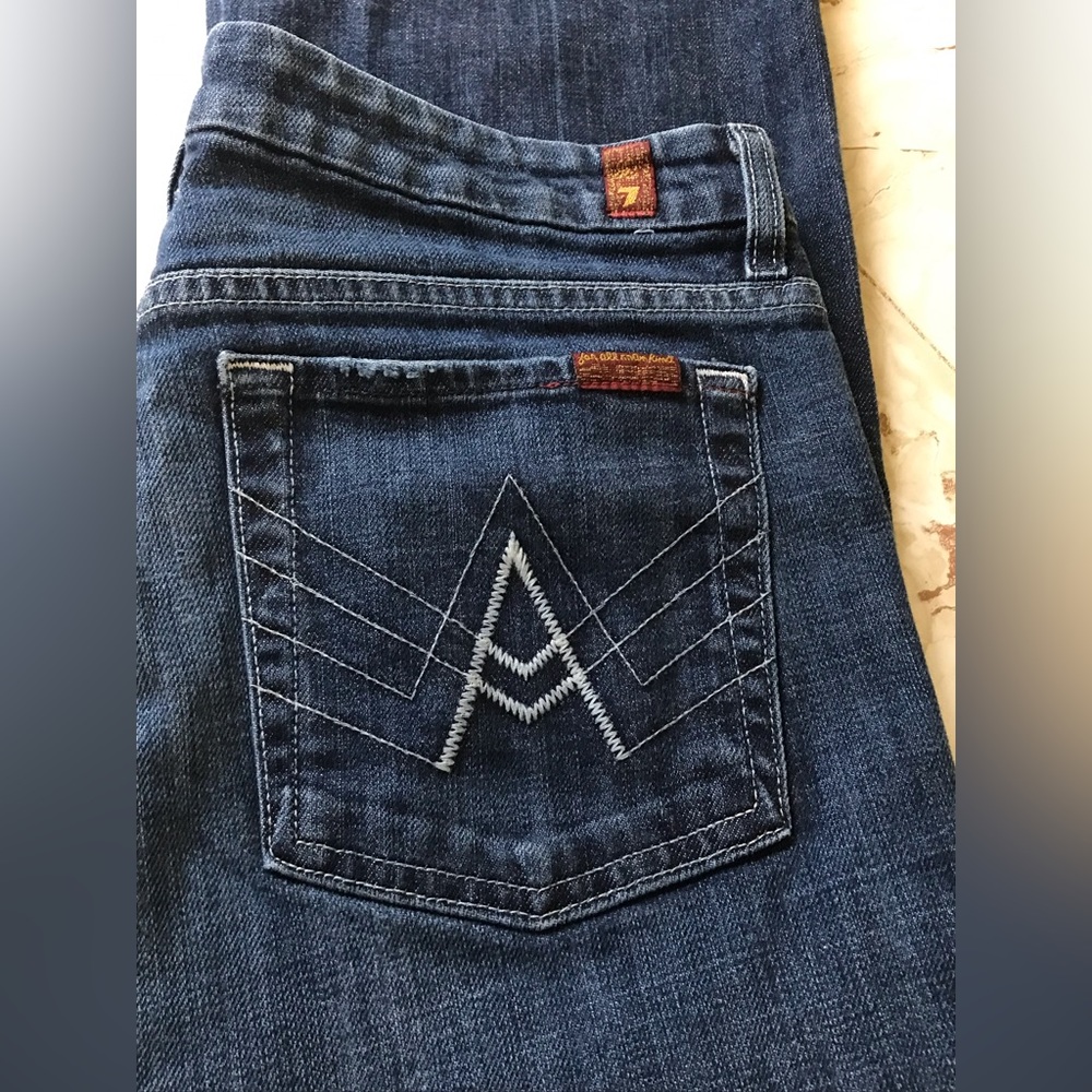 7 For All Mankind Dark Blue Flare Jeans with Contrast Stitching